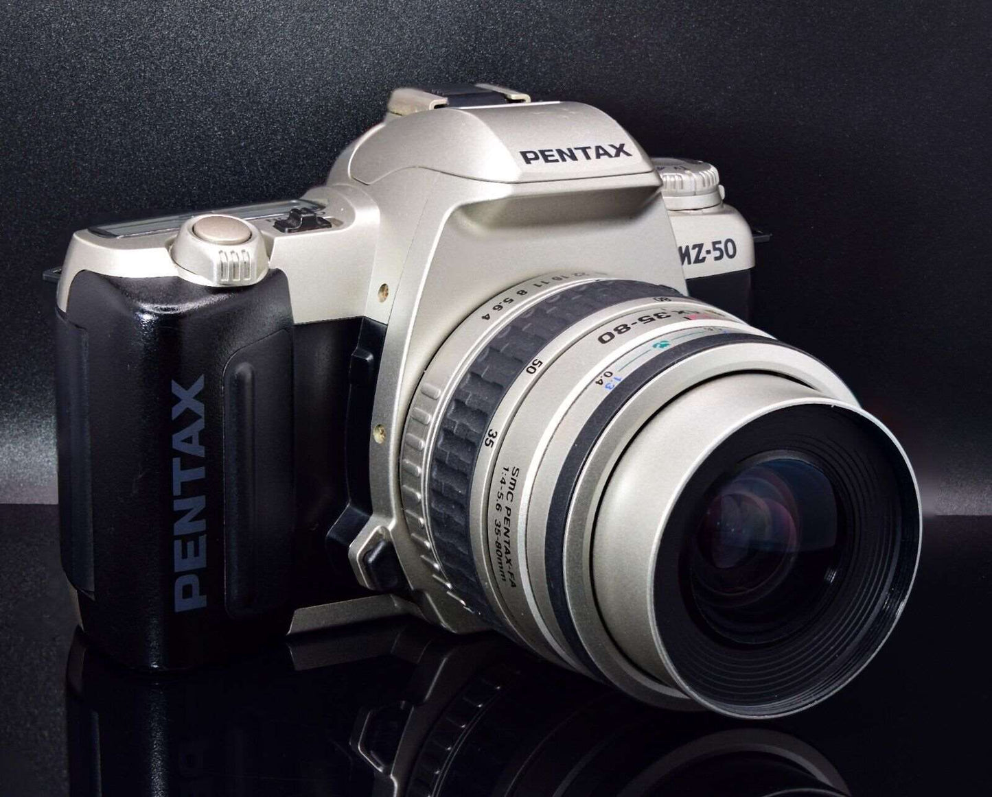 Pentax MZ50 35mm SLR Film Camera Silver c/w SMC 35-80mm f4-5.6 Lens Rubber Hood