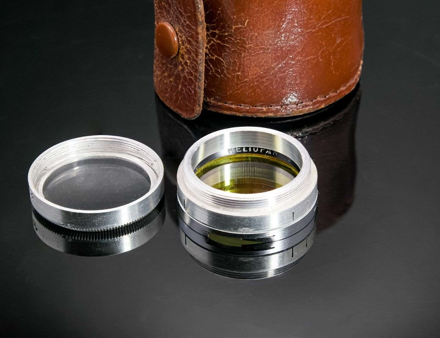 Johnson 32 Lens and Heliopan 32 Yellow Filter Lens in Leather Carry Case Vintage